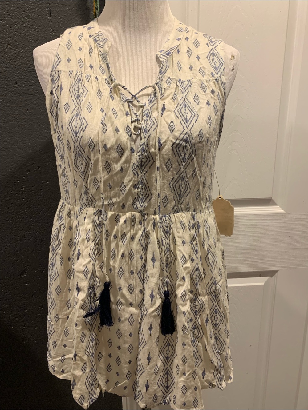Altar'd State Ivory Blouse with Navy Diamond Motif